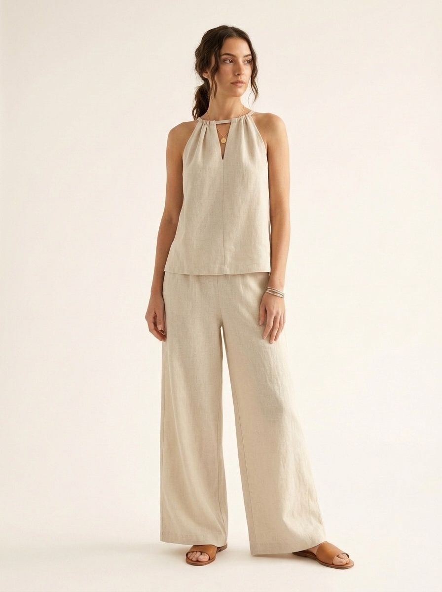 Conjunto de top halter y pantalón de pierna ancha de mezcla de lino