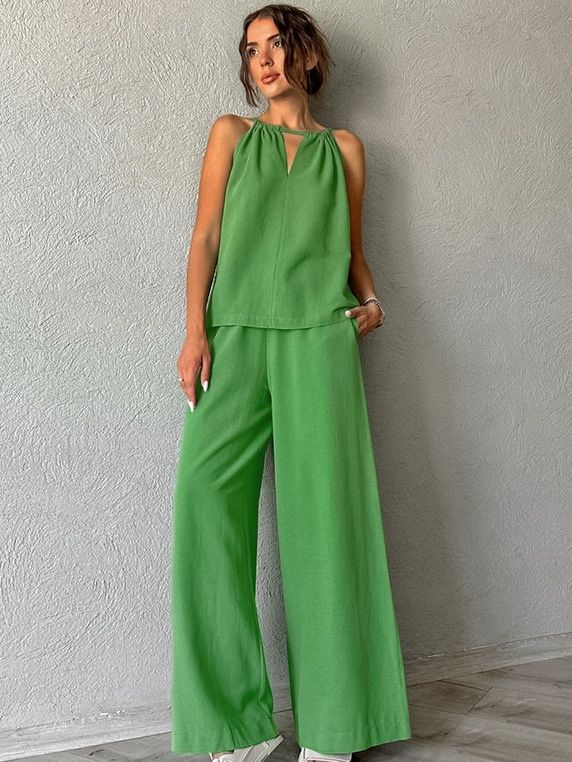 Conjunto de top halter y pantalón de pierna ancha de mezcla de lino