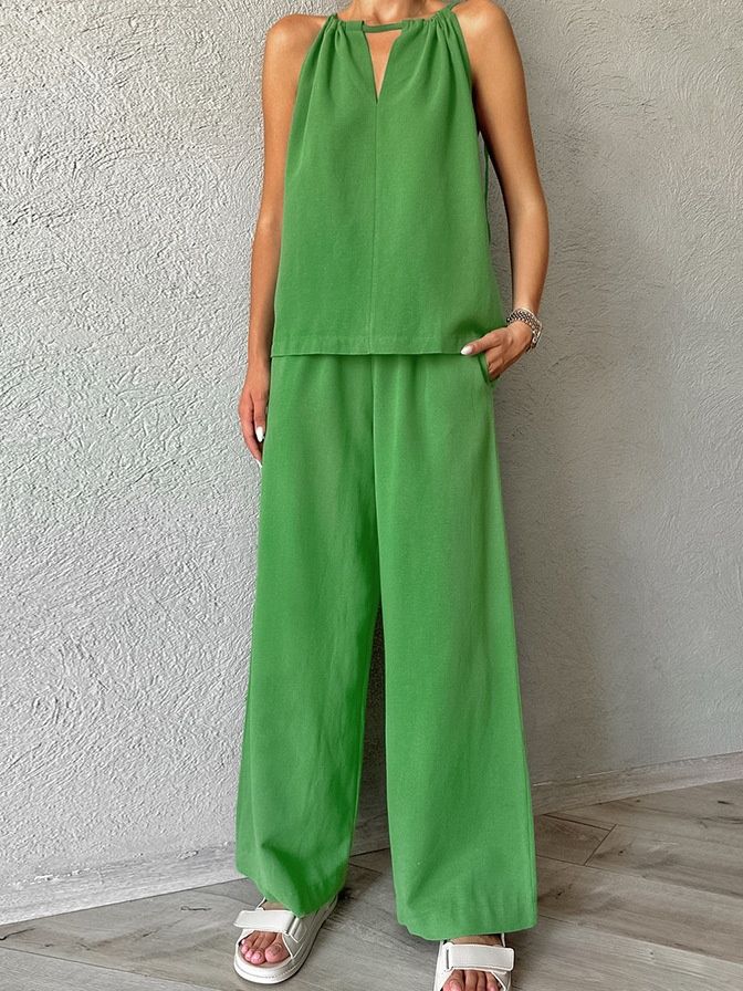 Conjunto de top halter y pantalón de pierna ancha de mezcla de lino