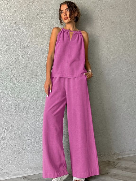 Conjunto de top halter y pantalón de pierna ancha de mezcla de lino