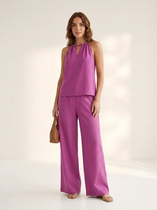 Linen Blend Halter Top & Wide Leg Pants Set