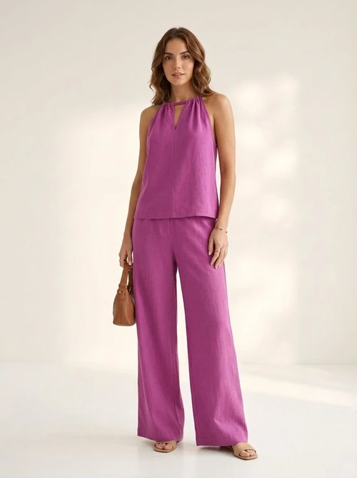 Ensemble haut dos nu et pantalon large en lin mélangé