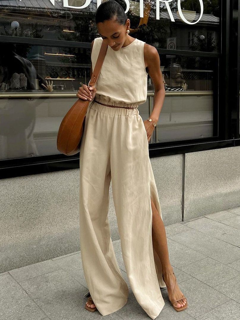 Conjunto de top corto sin mangas y pantalón con aberturas de mezcla de lino