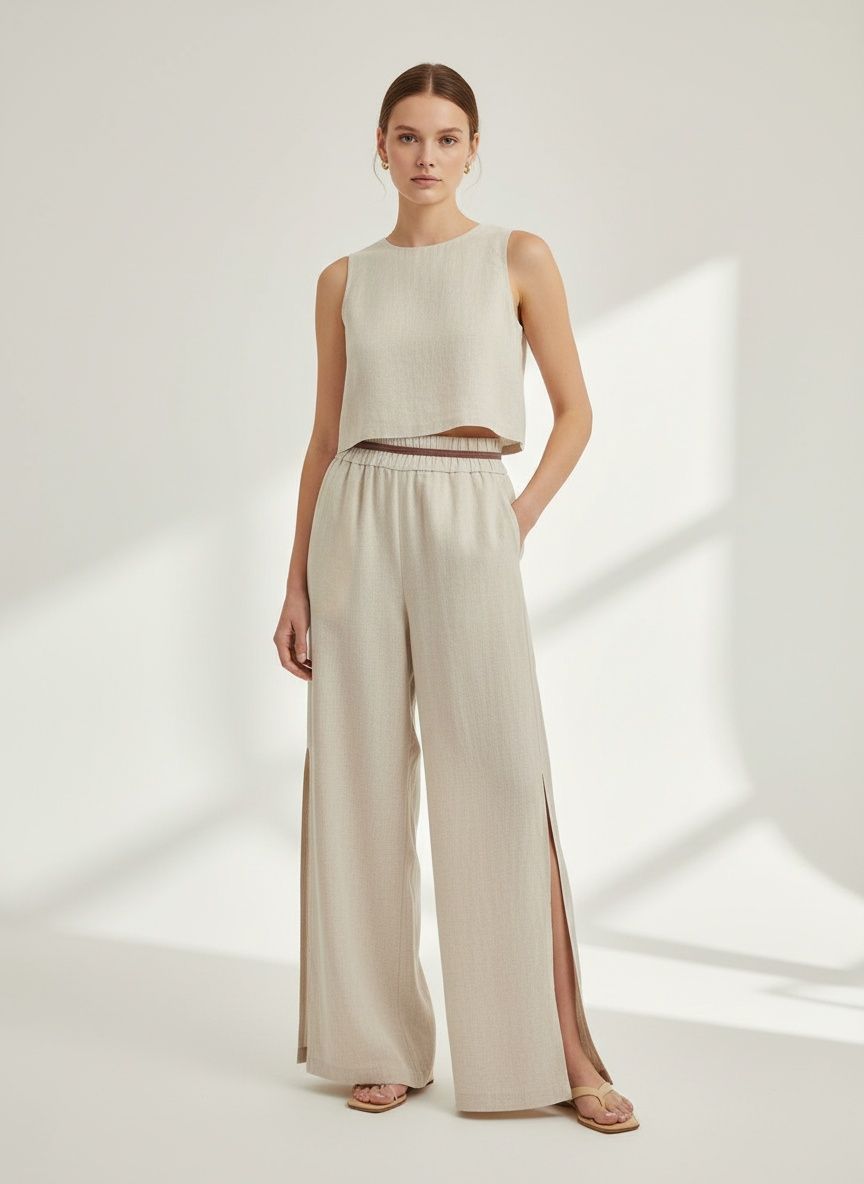 Conjunto de top corto sin mangas y pantalón con aberturas de mezcla de lino