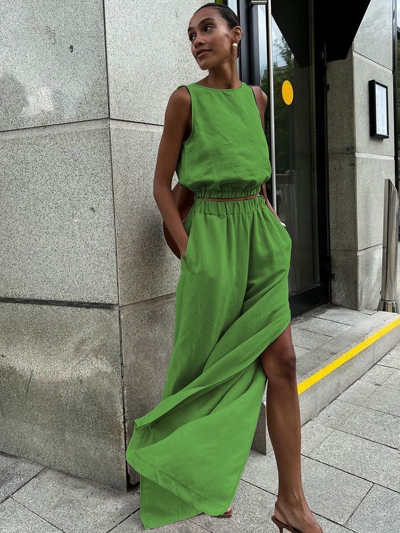 Conjunto de top corto sin mangas y pantalón con aberturas de mezcla de lino