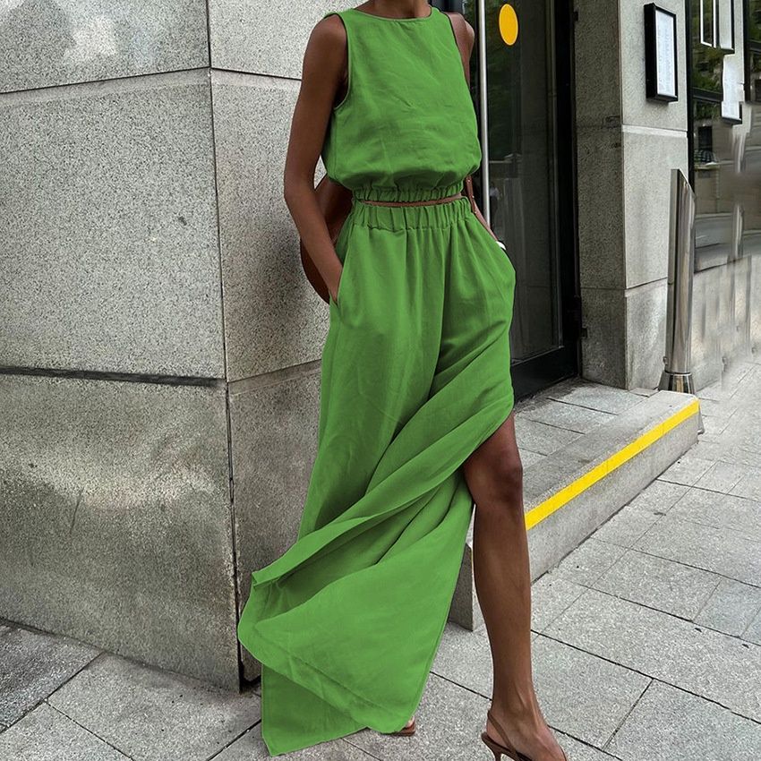 Conjunto de top corto sin mangas y pantalón con aberturas de mezcla de lino