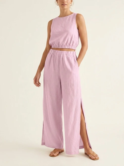 Ensemble crop top sans manches et pantalon fendu en lin mélangé