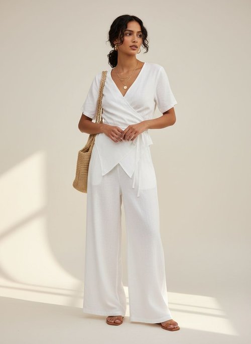 White Linen Blend Wrap Top & Wide Leg Pants Set
