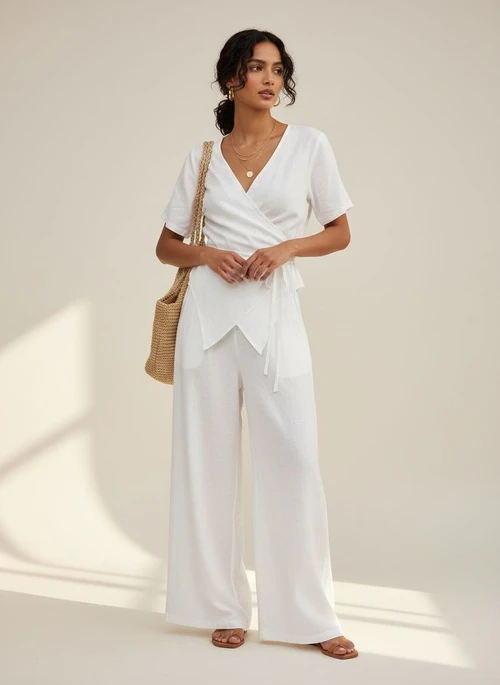 Ensemble haut cache-cœur et pantalon large en lin mélangé blanc