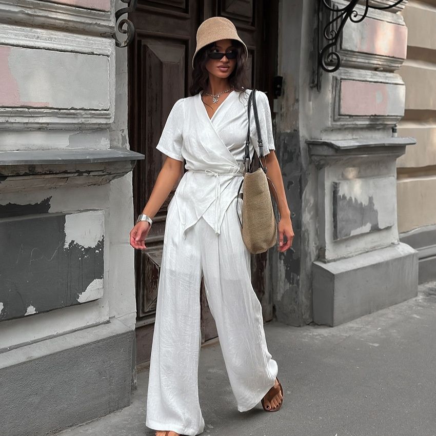Conjunto de top cruzado y pantalón de pierna ancha de mezcla de lino blanco