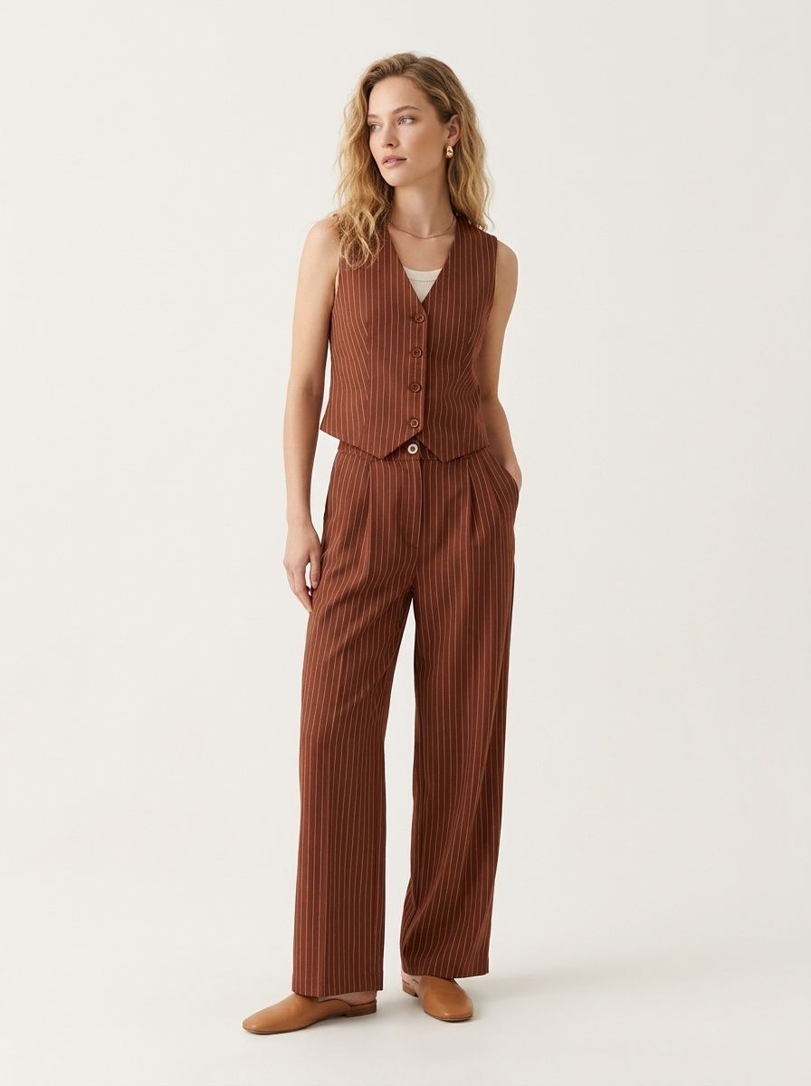 Completo due pezzi composto da gilet gessato e pantaloni a gamba larga