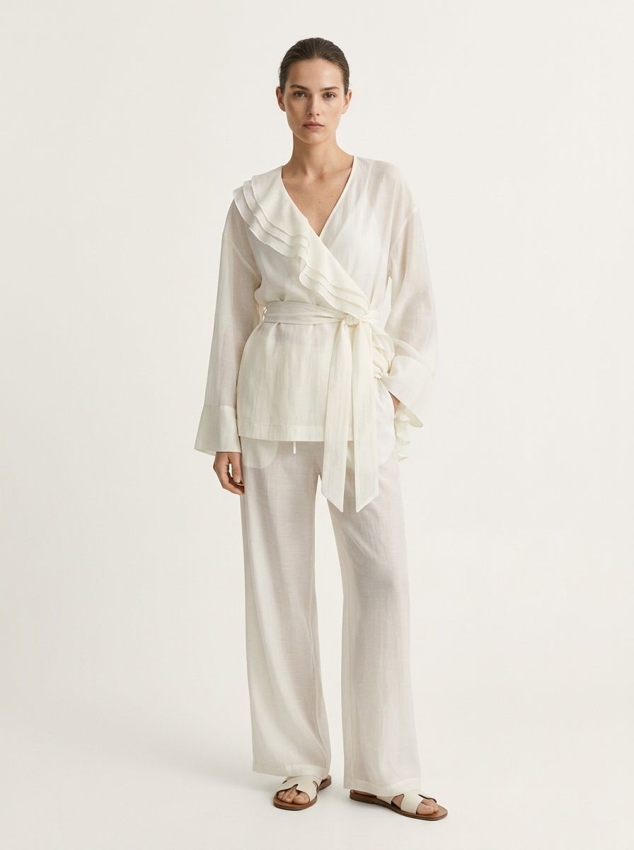 Completo da donna composto da blusa a portafoglio con volant e pantaloni a gamba larga.