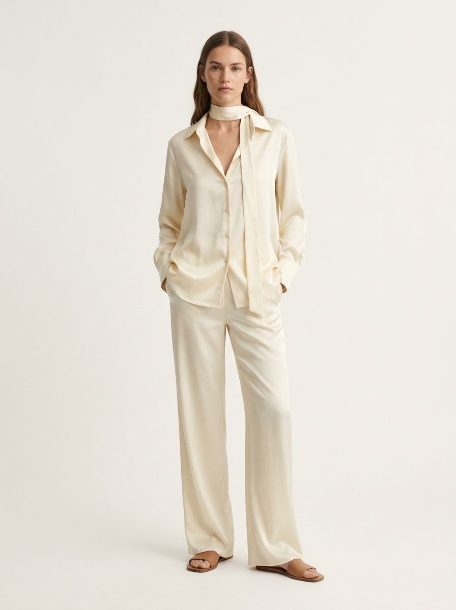 Completo da donna composto da camicia a maniche lunghe testurizzata e pantaloni.