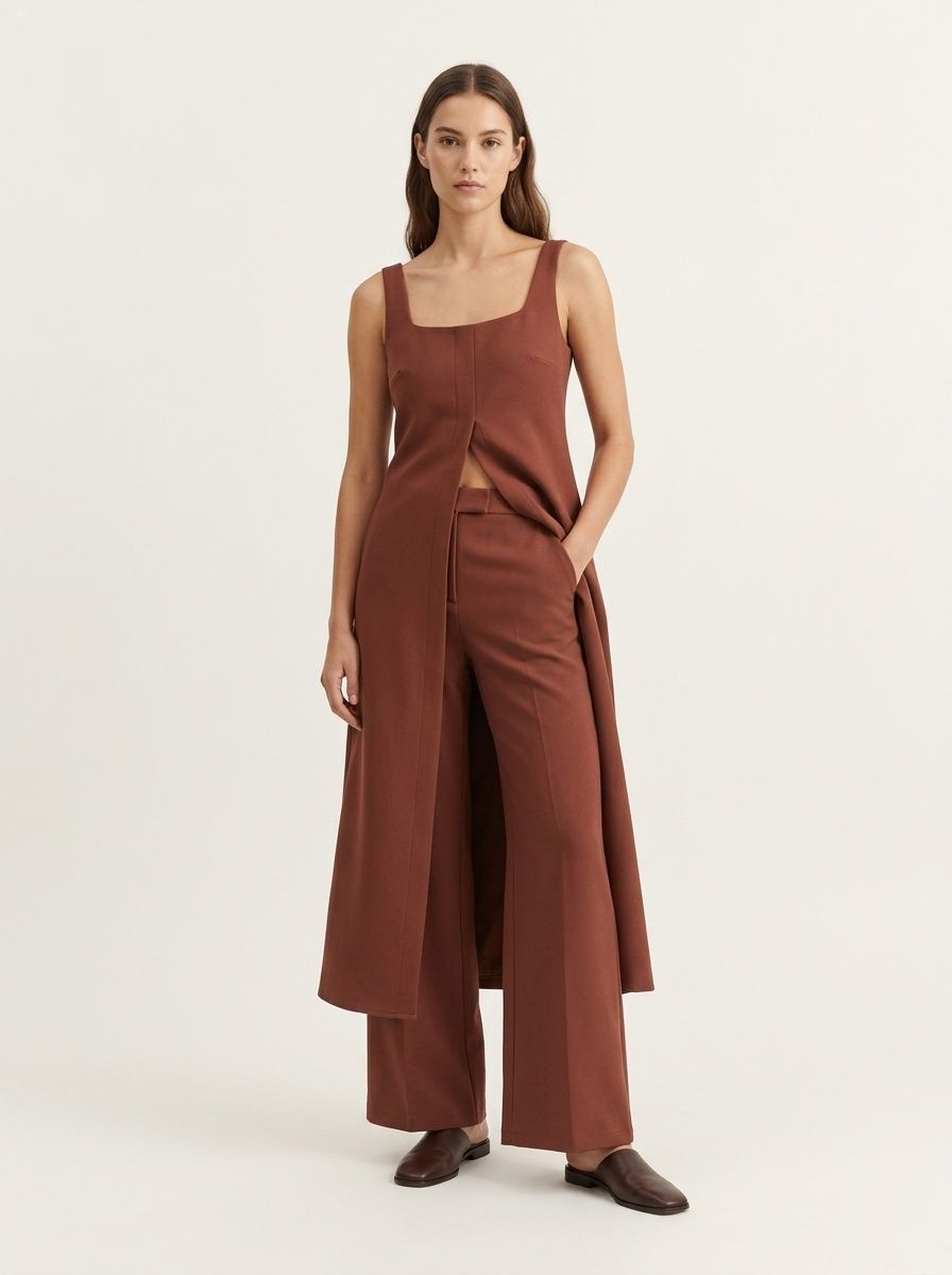 Completo da donna composto da tunica lunga senza maniche e pantaloni a gamba larga.