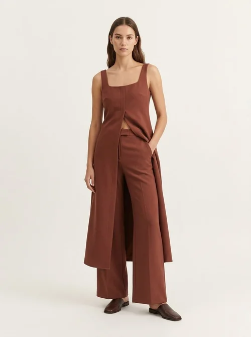 Completo da donna composto da tunica lunga senza maniche e pantaloni a gamba larga.