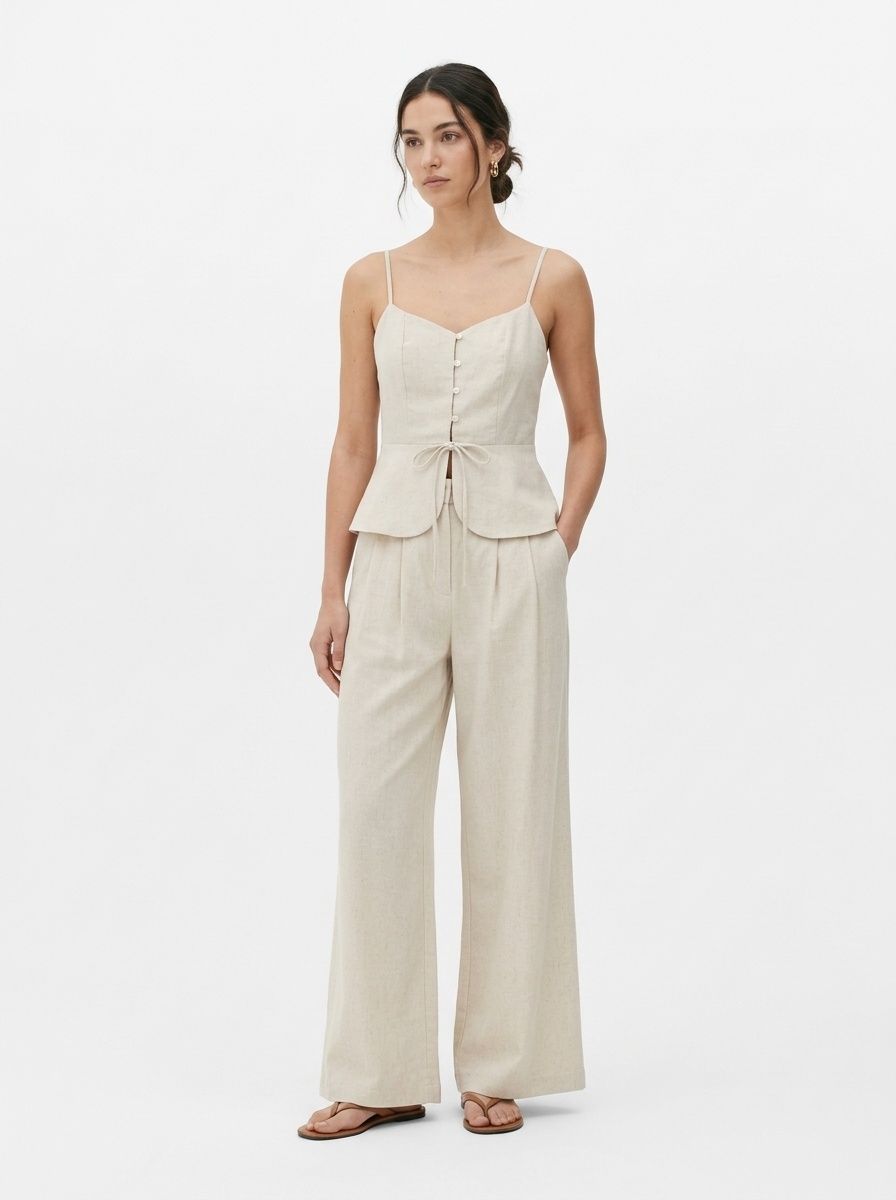 Completo da donna composto da top peplum senza maniche e pantaloni a gamba larga.
