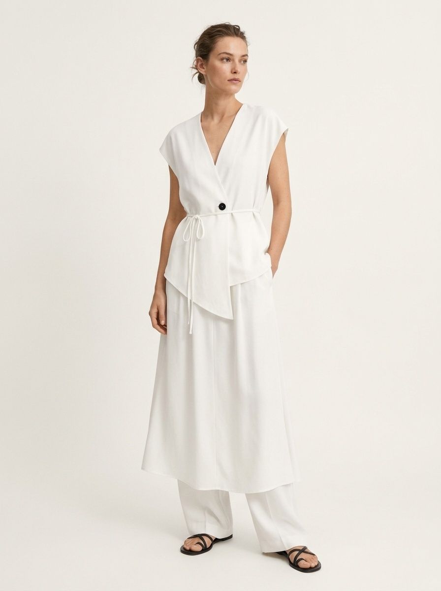 Completo da donna composto da top a gilet con scollo a V e gonna lunga.