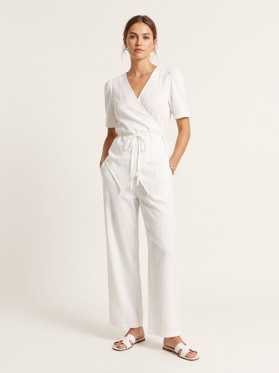 Completo da donna composto da top a portafoglio bianco e pantaloni a gamba larga.