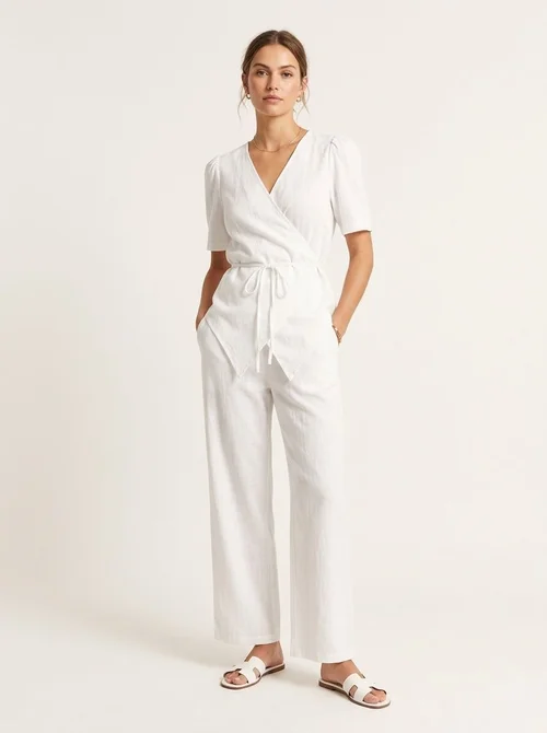 Completo da donna composto da top a portafoglio bianco e pantaloni a gamba larga.