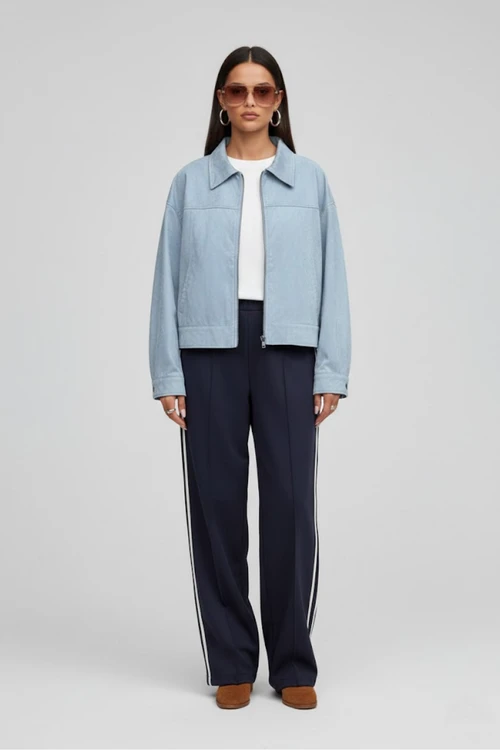 American Retro Leather Jacket (Premium Niche Blue Cool-Toned High-Street Trend Zippered Autumn/Winter Suede-Like Jacket) SFE-00003