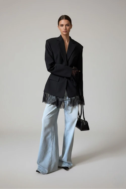 Black Blazer 2025 Autumn/Winter New Arrival Designer Lace Trim SFE-00003