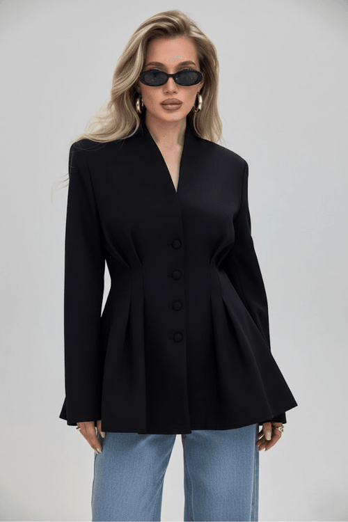 Women's Wear Autumn Elegant Slim-Fit Waist-Cinching Black Blazer SFE-00005