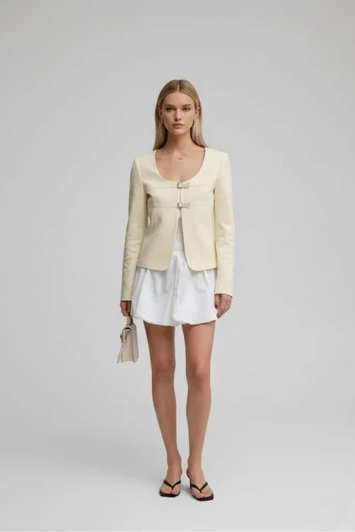 Blazer beige casual alla moda con scollo a U Niche Chic Fashion SFE-00006