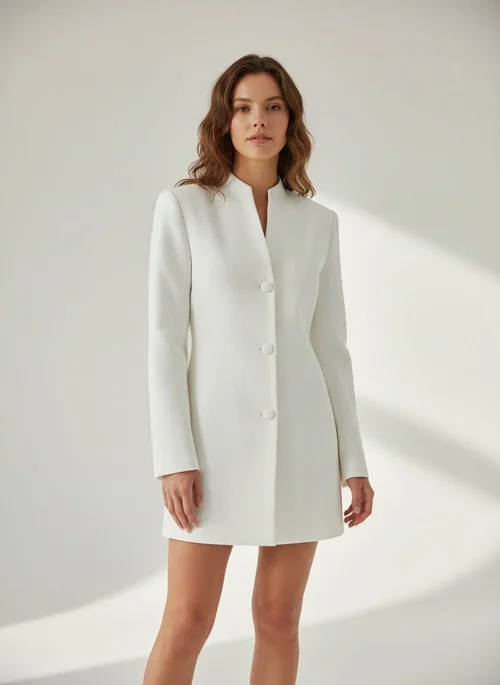 Elegant White Mandarin Collar Blazer Jacket
