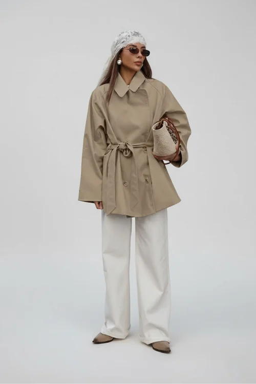 Nuovo trench coat kaki di media lunghezza firmato (Giacca con cintura Autunno Manica lunga Capospalla SFE-00016
