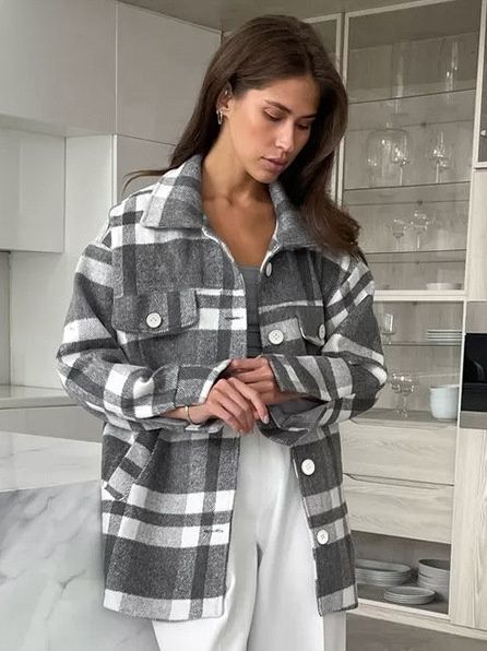 Chaqueta de mujer a cuadros con cinturón - Gris y blanco