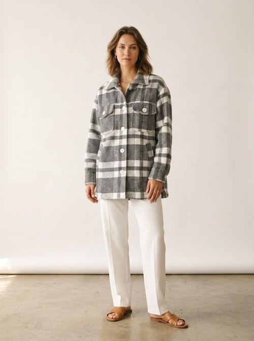 Women's Plaid Belted Shacket - Grey & White