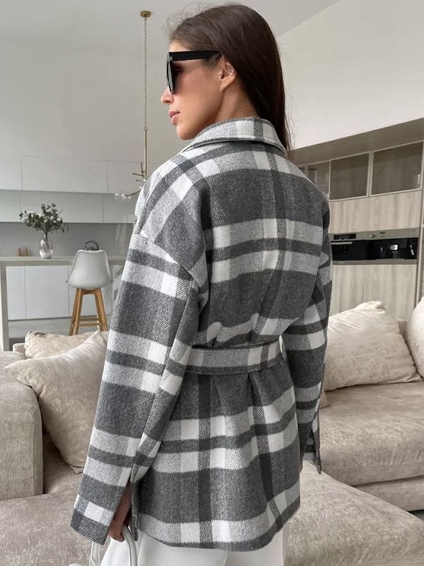 Chaqueta de mujer a cuadros con cinturón - Gris y blanco