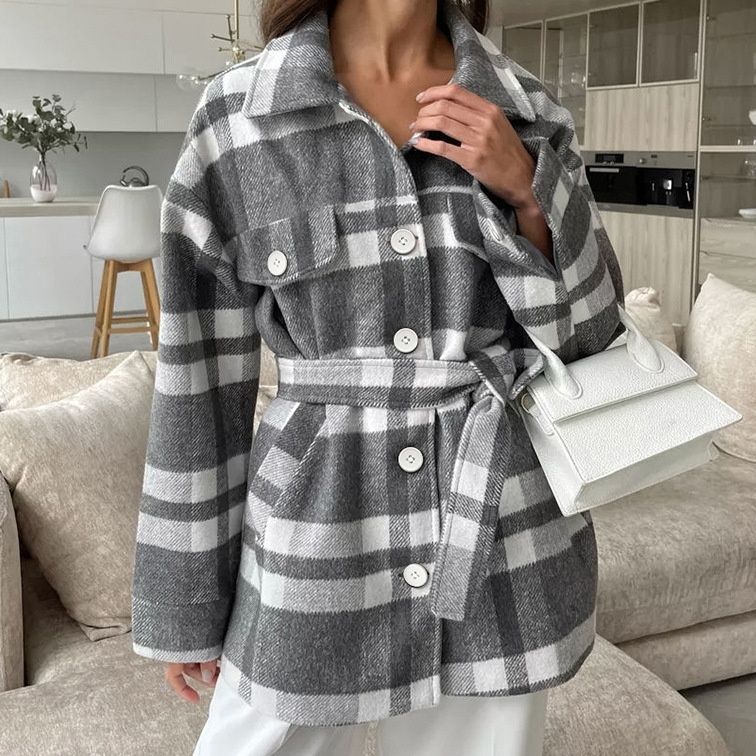 Chaqueta de mujer a cuadros con cinturón - Gris y blanco