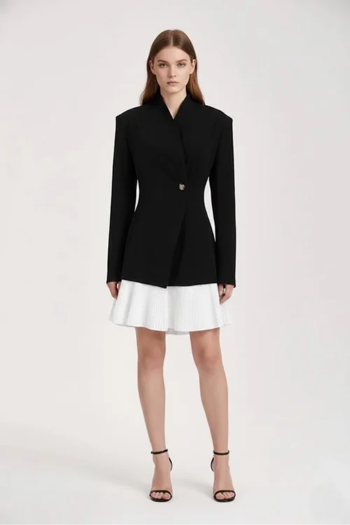 Blazer a maniche lunghe nero con orlo a blocchi di colore e vita stretta, stile retrò americano, autunno/inverno, modello SFE-00003