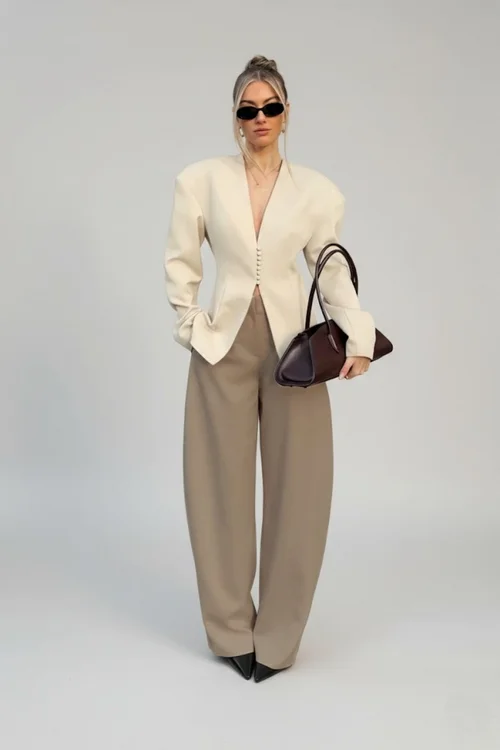 Blazer a maniche lunghe con scollo a V e vita regolabile, modello Autumn Niche SFE-00005