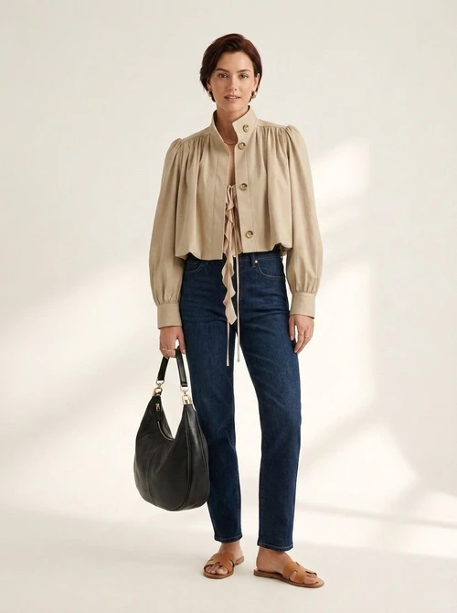 Chemisier court beige chic à manches bouffantes - Haut à col montant