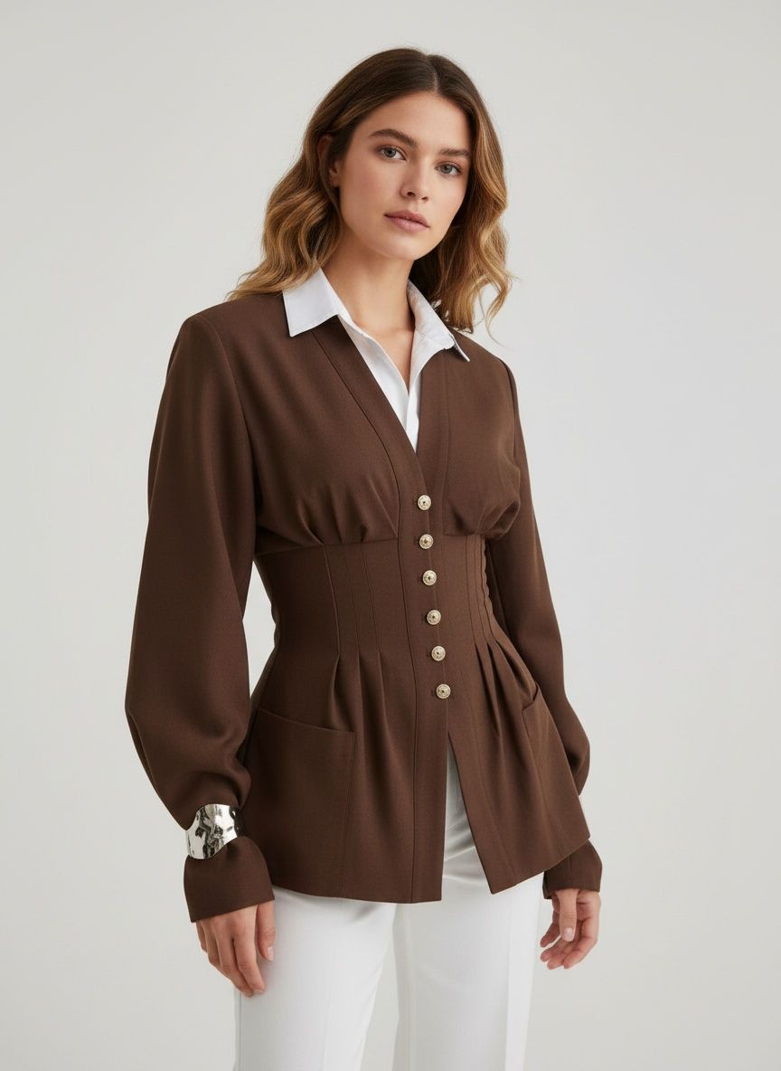 Chaqueta tipo blazer con cintura tipo corsé y escote en V con botones en la parte delantera.