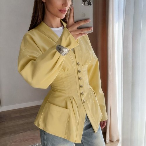 Corset Waist Blazer Jacket - V-Neck Button Front