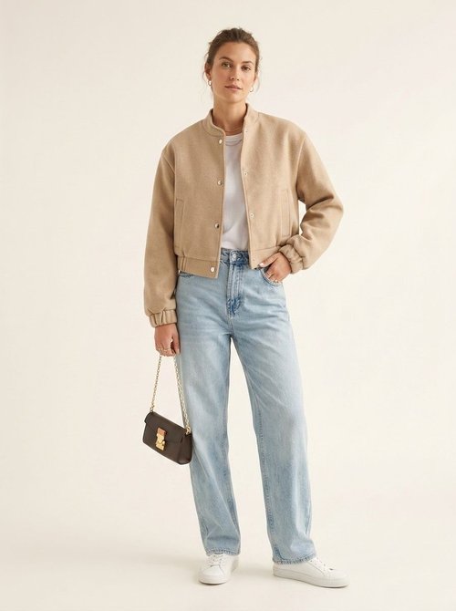 Chic Beige Cropped Bomber Jacket - Women's Casual Outerwear