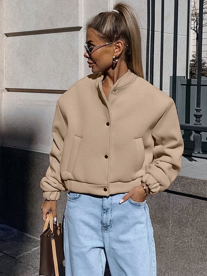 Chaqueta bomber corta color beige elegante - Prenda de abrigo informal para mujer