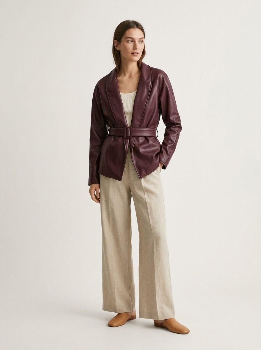 Giacca peplum da donna in similpelle color rosso vino con cintura.