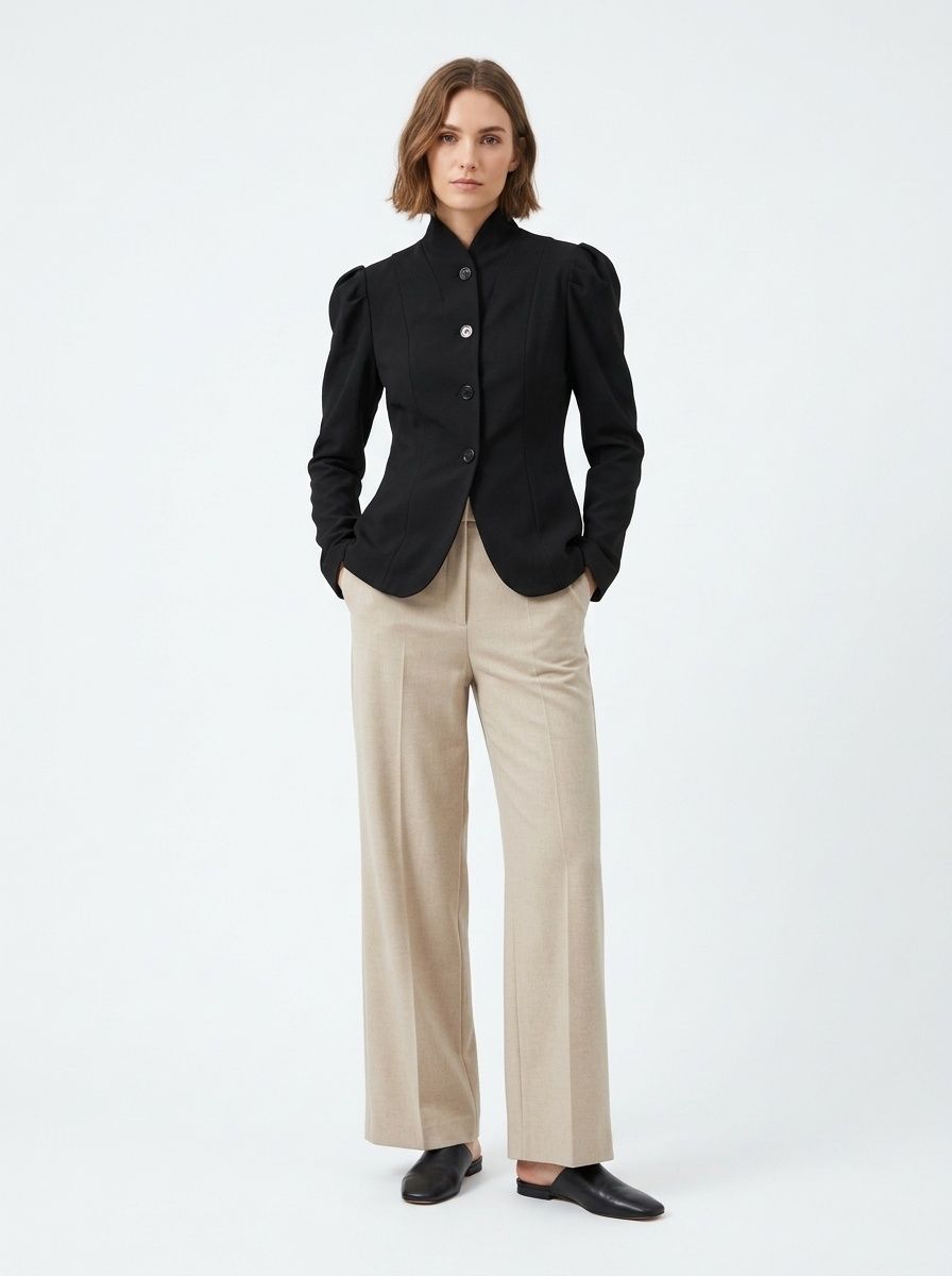Blazer da donna sartoriale con collo alto e maniche a sbuffo.