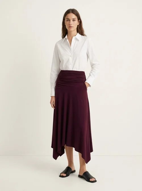 Wine Red Ruched Waist Asymmetrical Midi Skirt