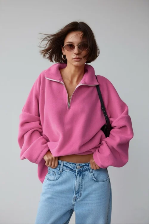 Nieuwe roze fleece hoodie met revers voor herfst/winter SFE-00001