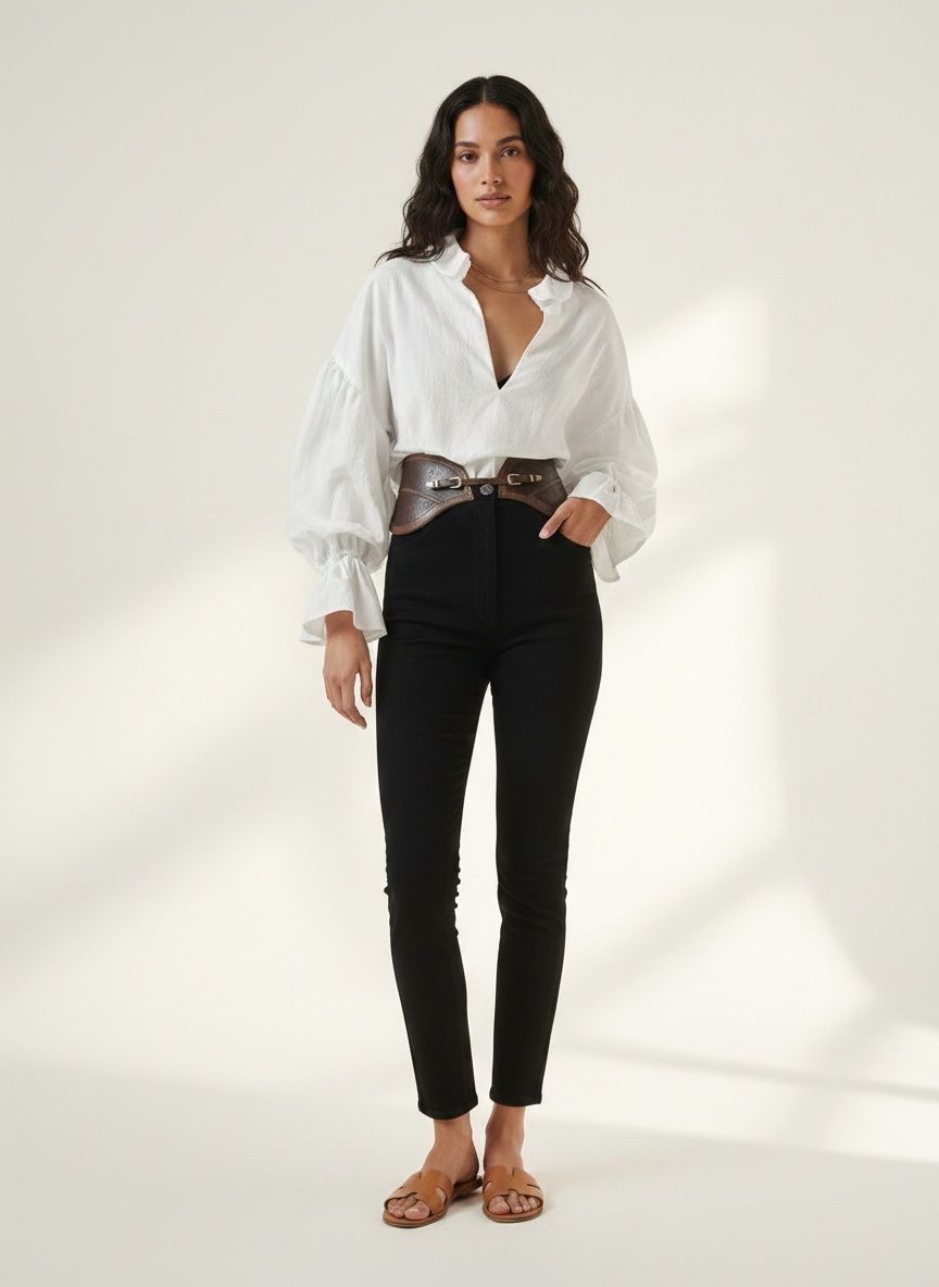 Chemisier blanc à volants, col en V et manches bouffantes pour femme