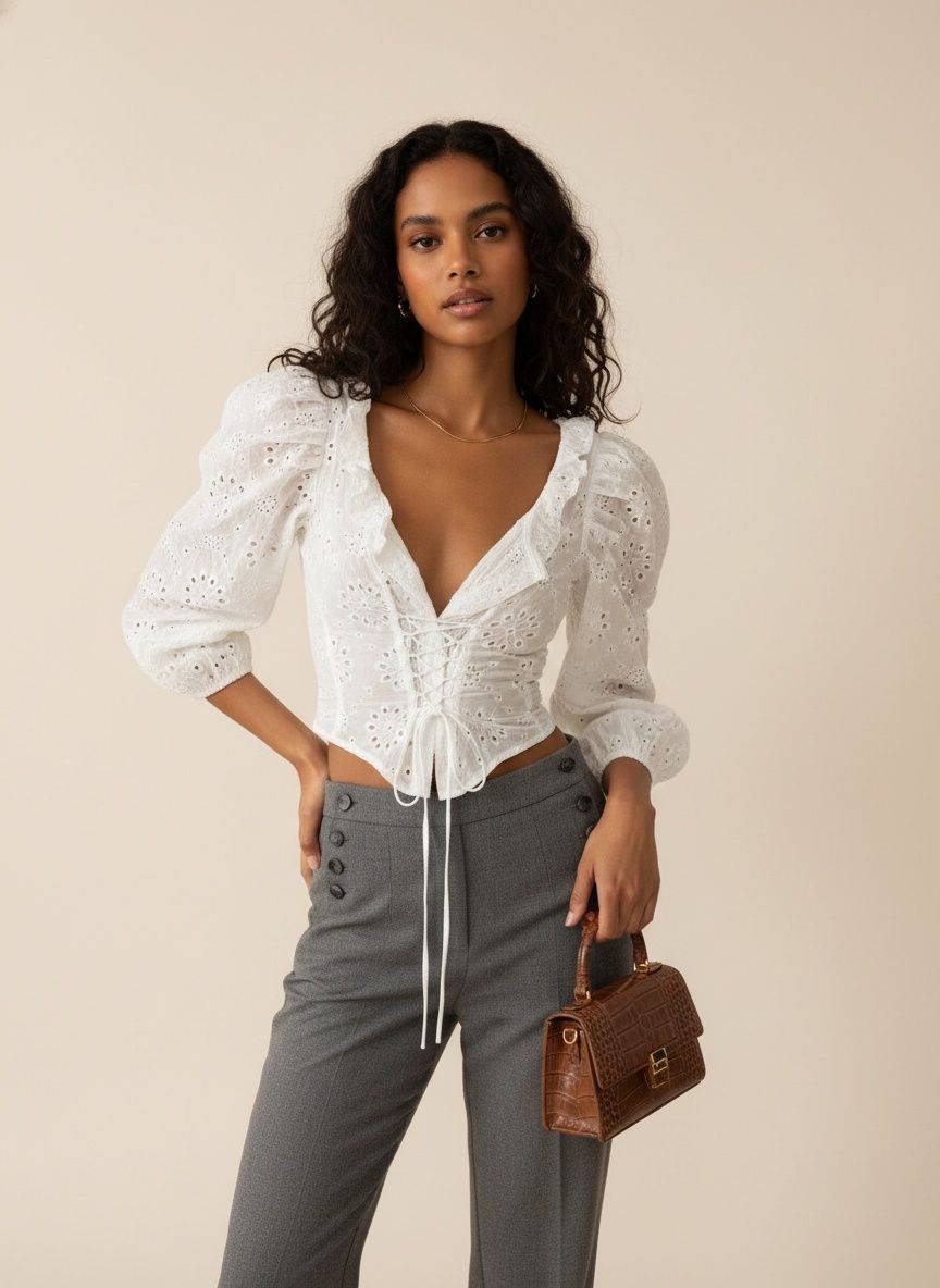 Crop top blanc à œillets et lacets avec manches bouffantes