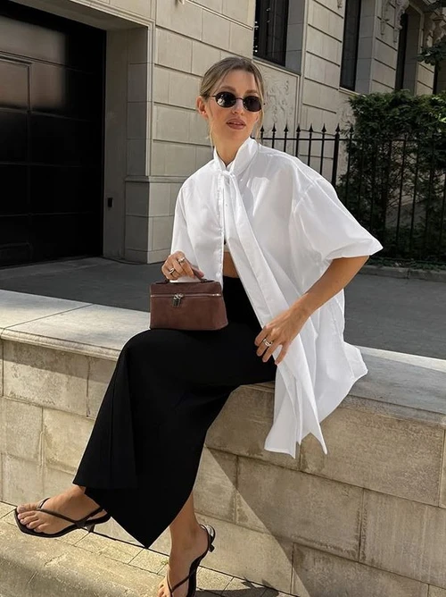 Chemisier blanc oversize à col cravate - Chemise chic et moderne