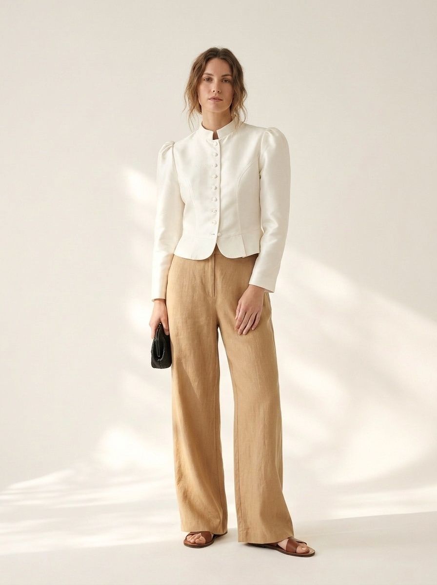 Chemisier court élégant à manches bouffantes et col montant