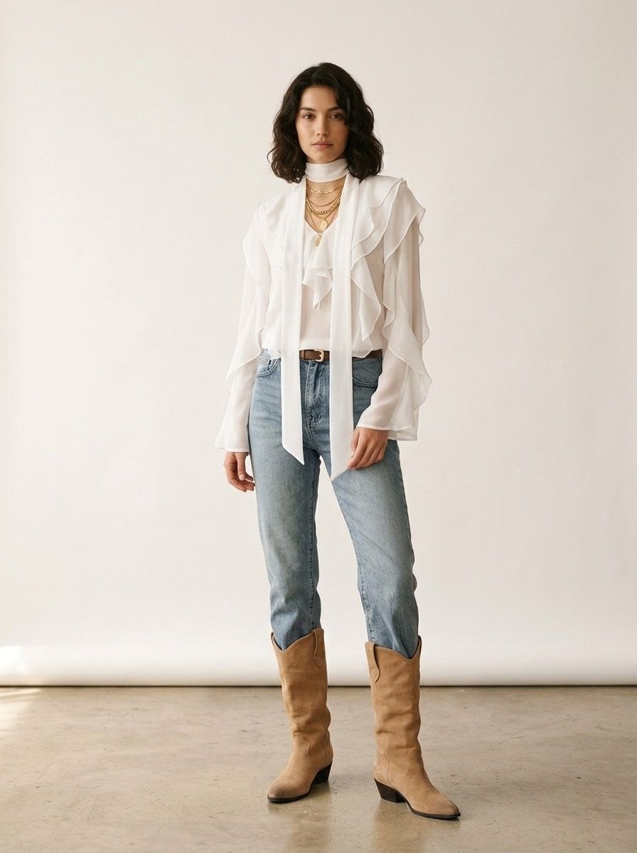 Blusa de gasa con volantes y lazo en el cuello.