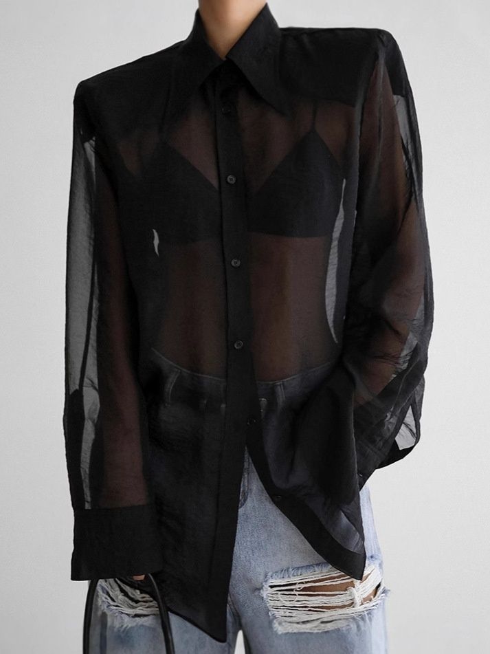 Camisa abotonada extragrande transparente - Negro y marrón